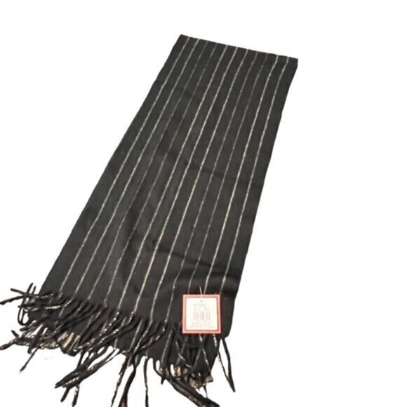 Striped Winter Scarf Cashmere Soft Feel Black Grey Fringe Men Women NWT GIFT - Picture 1 of 9